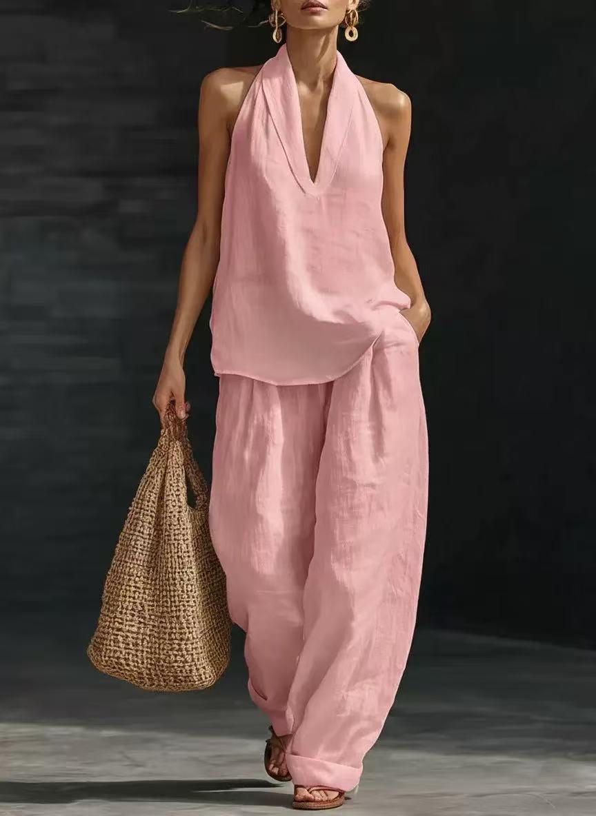 Women Halter Top Wide Leg Pants 2 Piece Set Casual Summer
