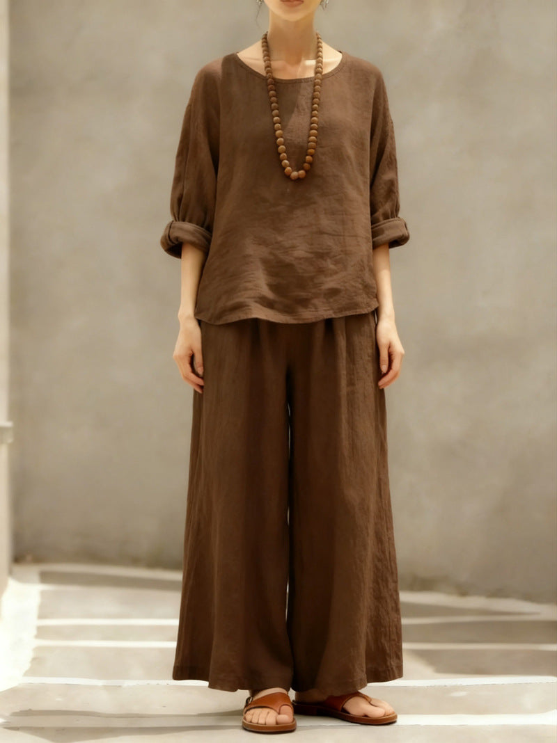 Women's Linen Cotton Matching Set Wide Leg Pants Two Piece