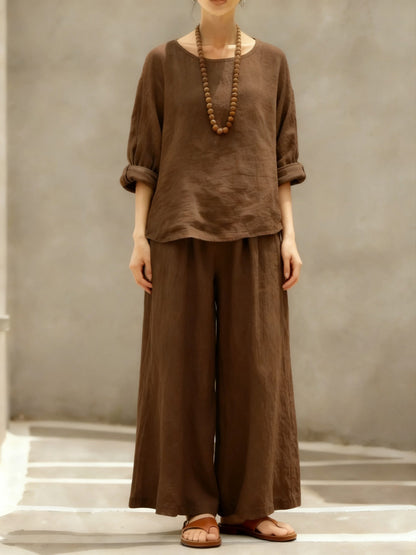 Women's Linen Cotton Matching Set Wide Leg Pants Two Piece
