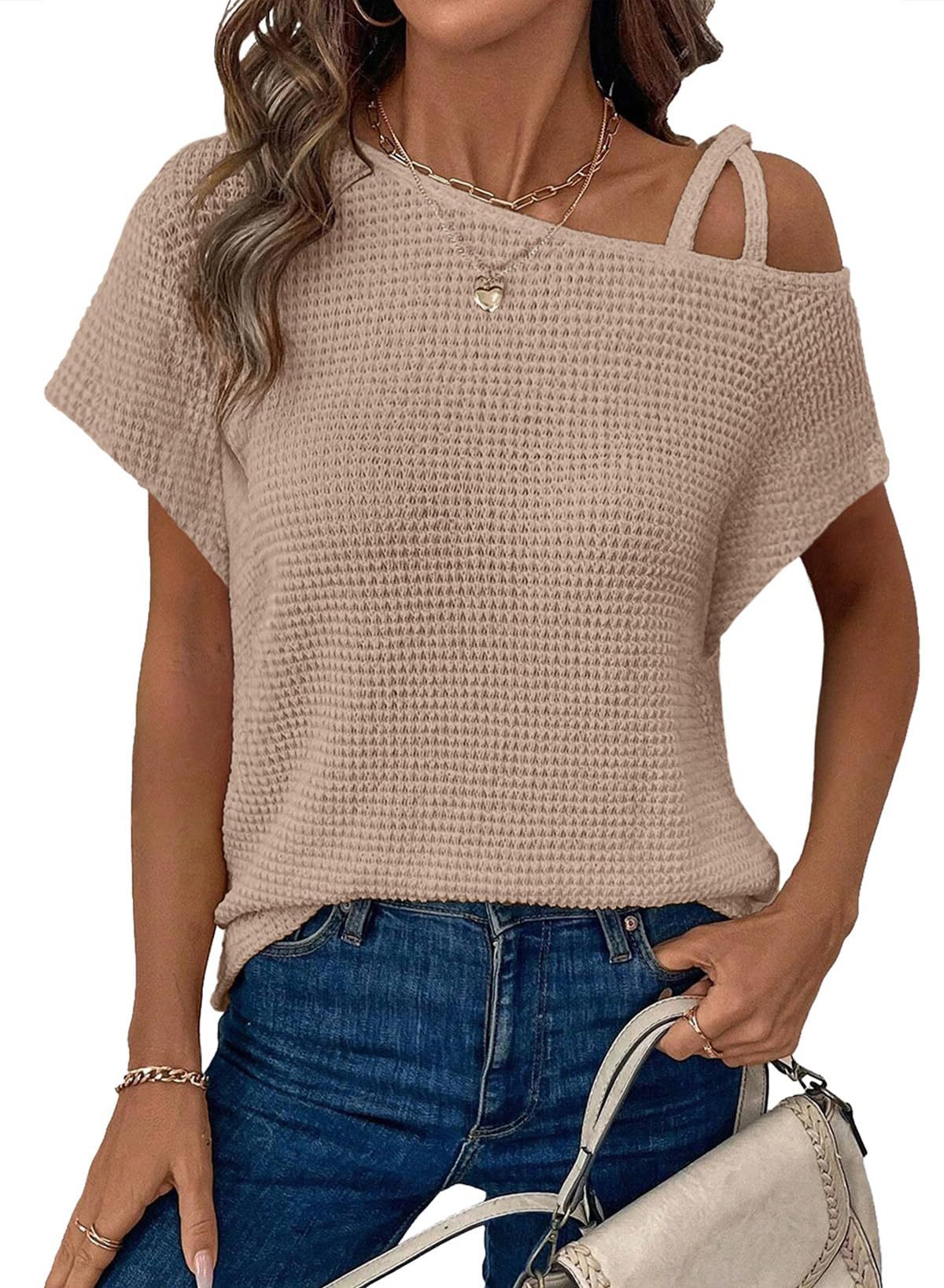 Women's Off-Shoulder Knit Top – Casual Summer Short Sleeve Blouse