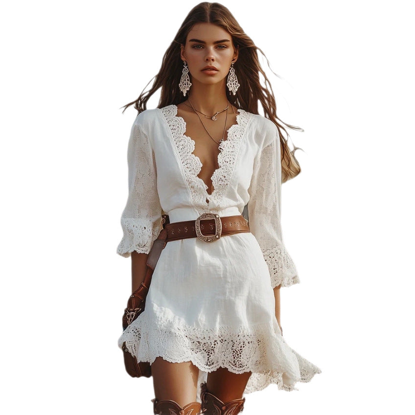 Women's Boho White Lace V-Neck Bell Sleeve Midi Dress