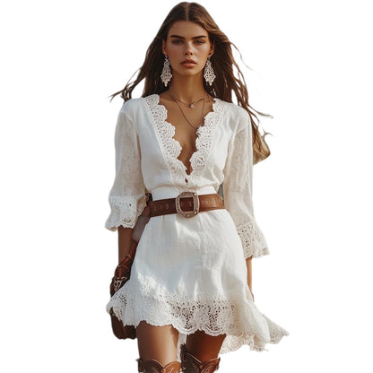 Women's Boho White Lace V-Neck Bell Sleeve Midi Dress