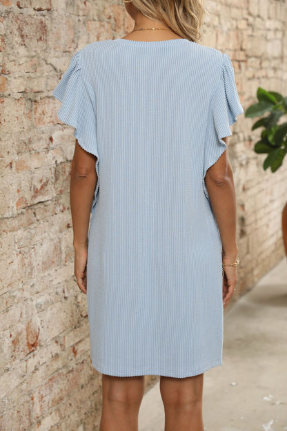 Colorblock V Neck Flutter Sleeve Midi Dress