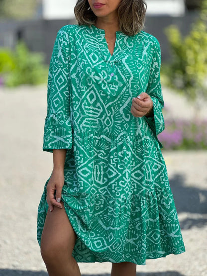 Women's Boho Geometric Tiered V-Neck 3/4 Sleeve Dress