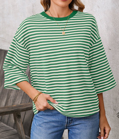 Blue Striped Knit Back Bow Open Back Top Women