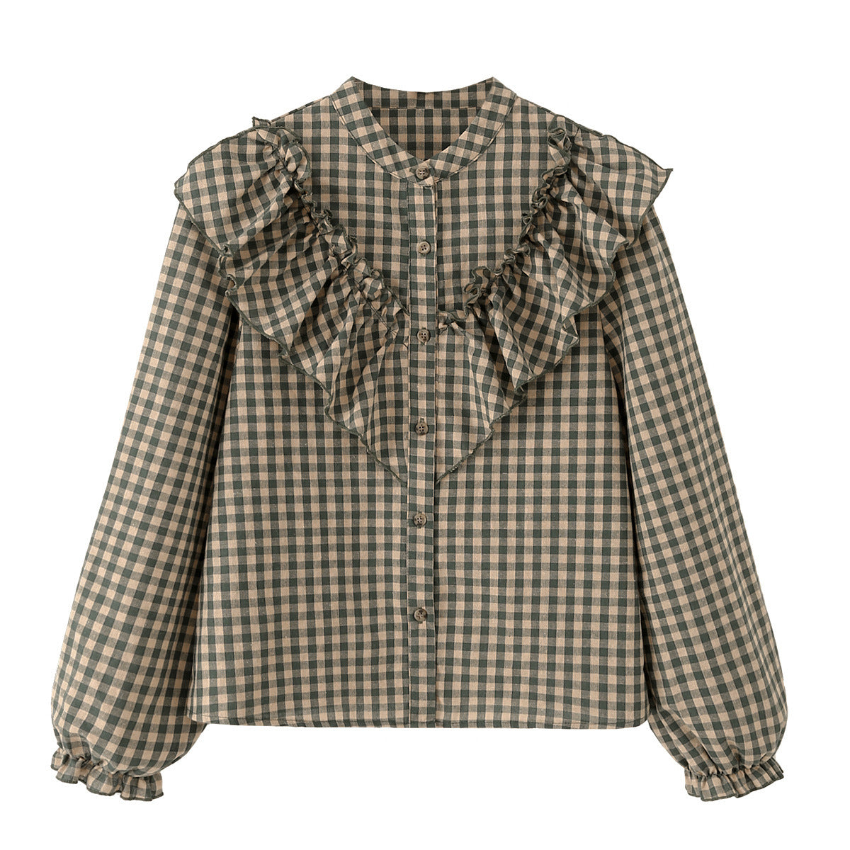 Vintage Gingham Ruffle Cotton Blouse Balloon Sleeve