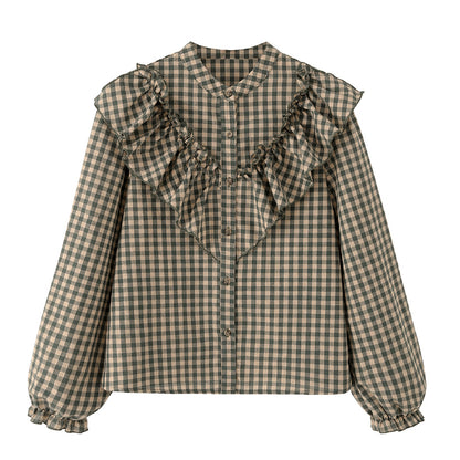 Vintage Gingham Ruffle Cotton Blouse Balloon Sleeve