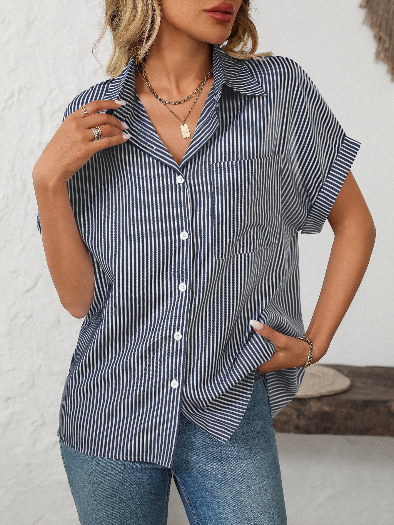 Loose Striped Short-Sleeve Shirt
