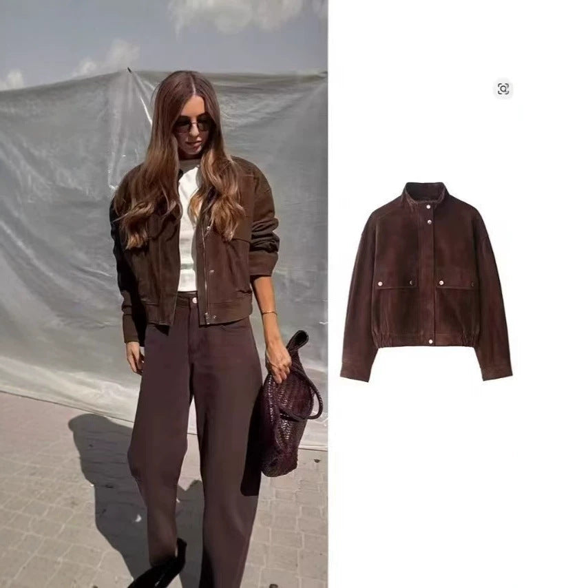Women Vintage Brown Faux Suede Cropped Bomber Jacket