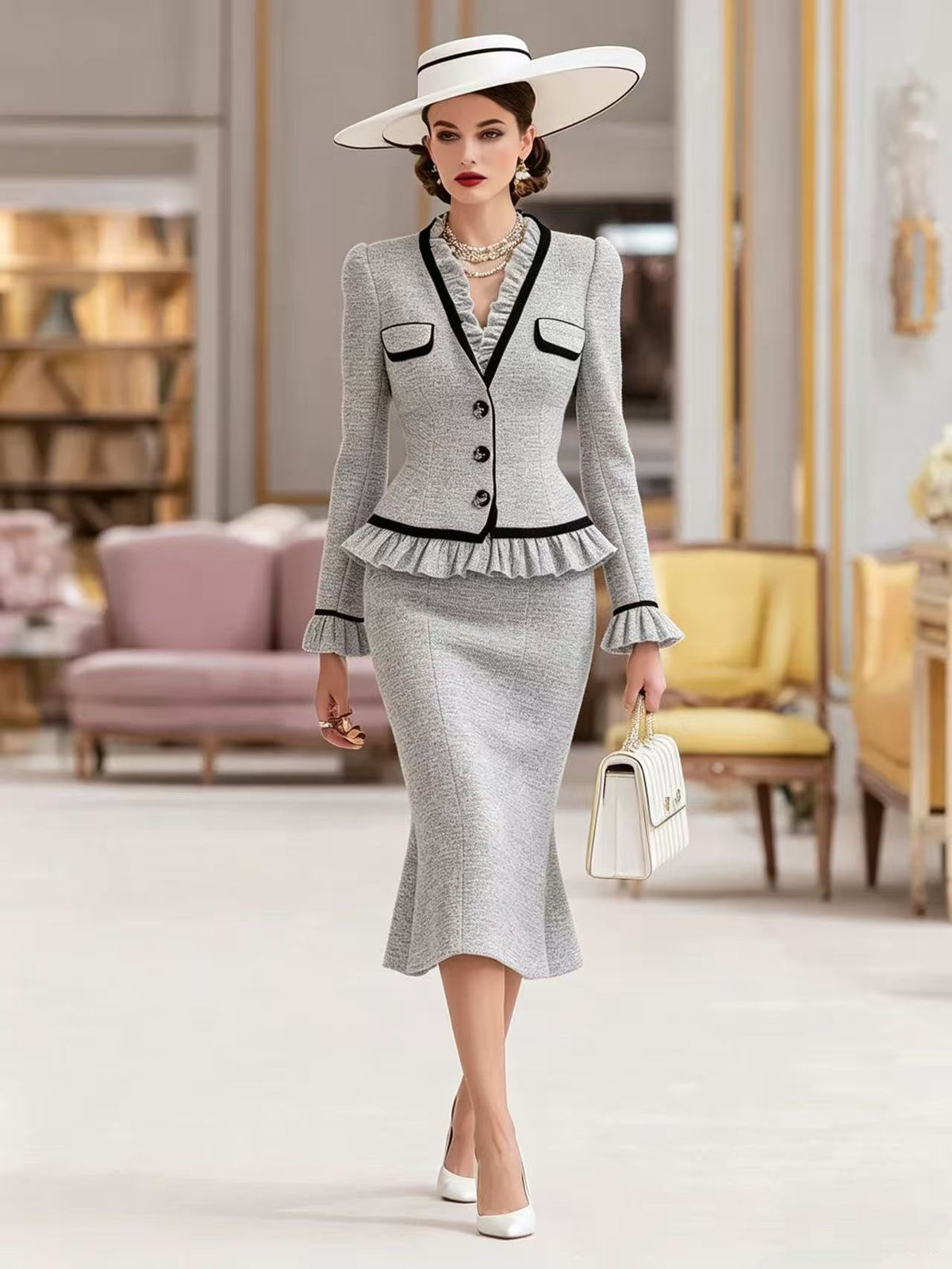 Elegant Colorblock Peplum Jacket Midi Skirt Matching Set