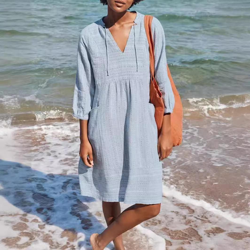 Women's Cotton V-Neck Loose Midi Dress Pockets