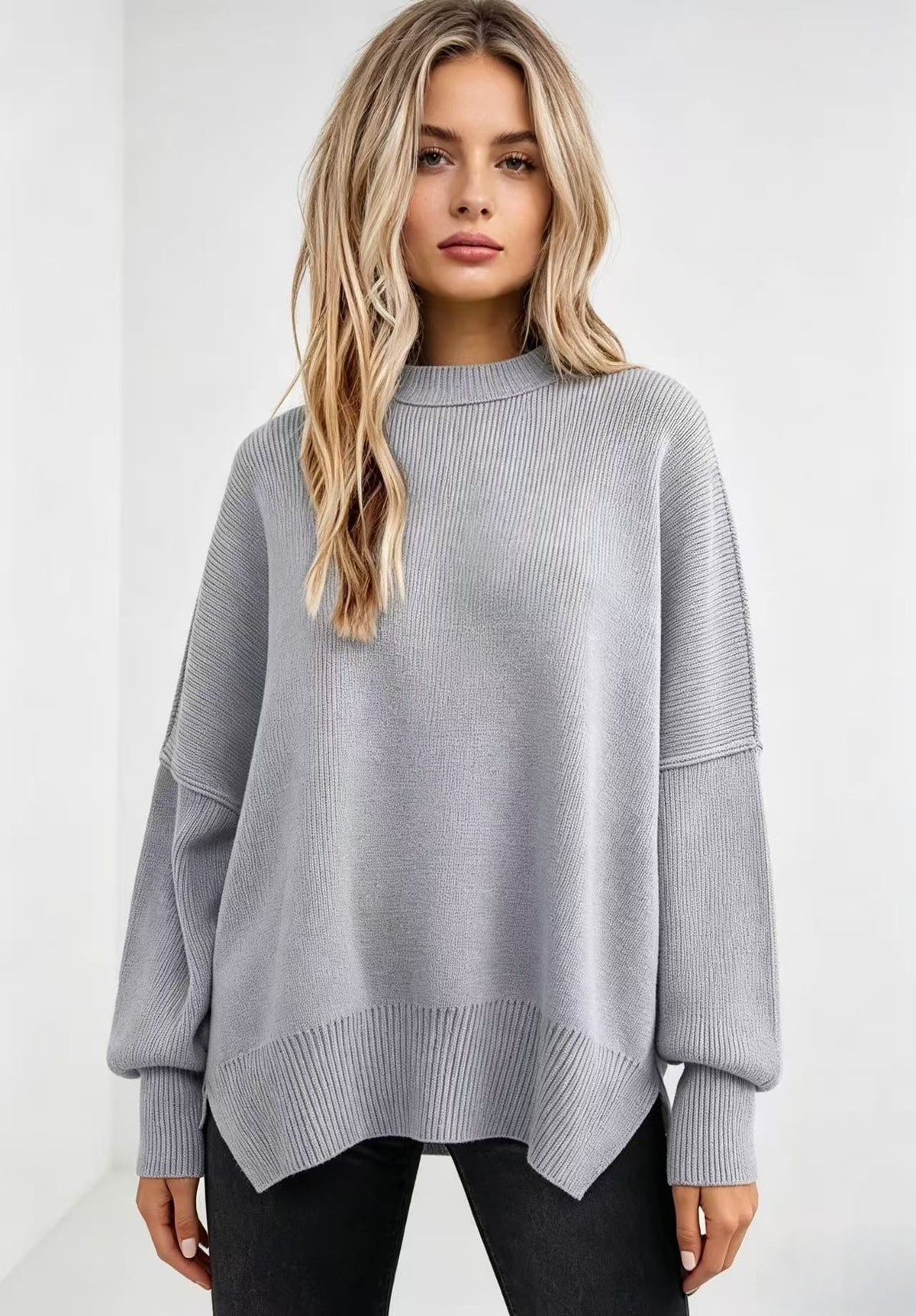 Women's Oversized Batwing Sweater Side Slit Pullover