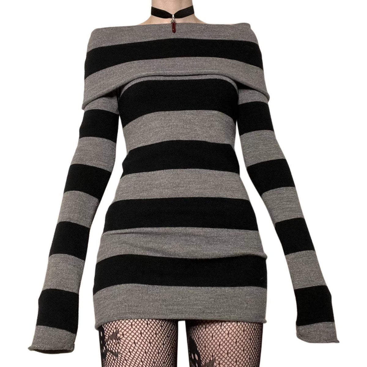 Y2K Striped Off Shoulder Sweater Dress Bodycon Midi