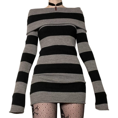Y2K Striped Off Shoulder Sweater Dress Bodycon Midi