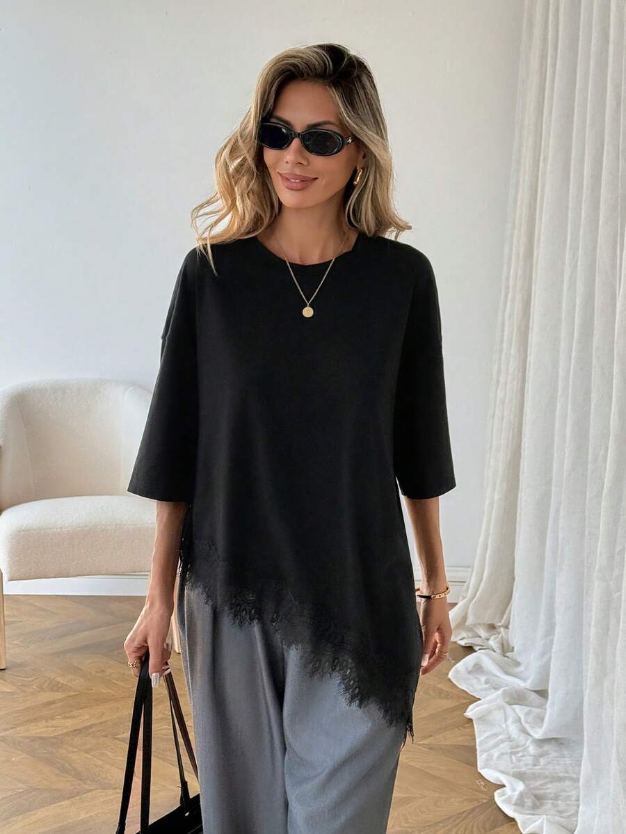 Lace Trim T Shirt Loose Fit Short Sleeve Top