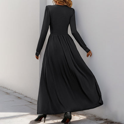 Lace V-Neck Long Sleeve Slit A-Line Maxi Dress