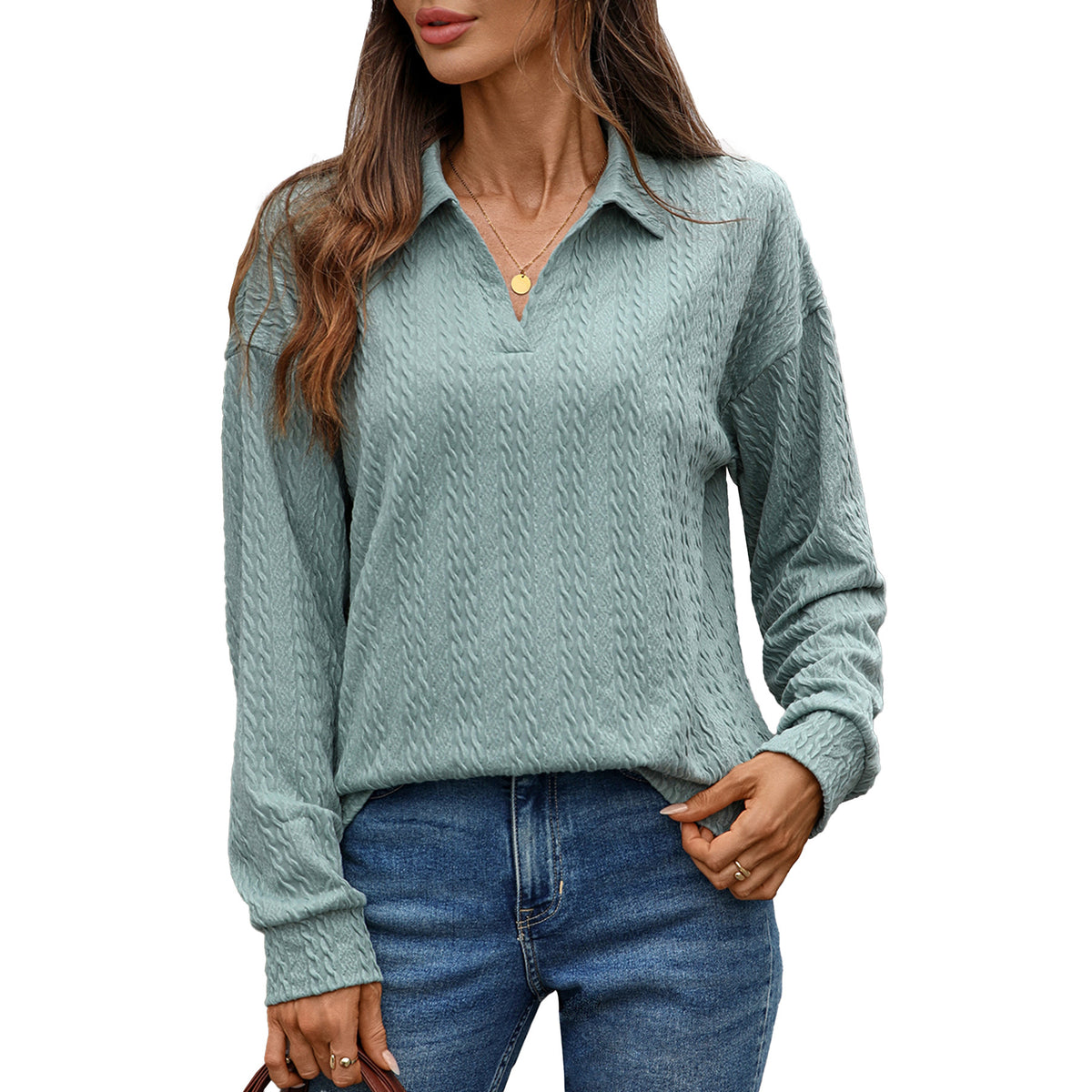 Women's Textured Collared Sweatshirt Long Sleeve Pullover