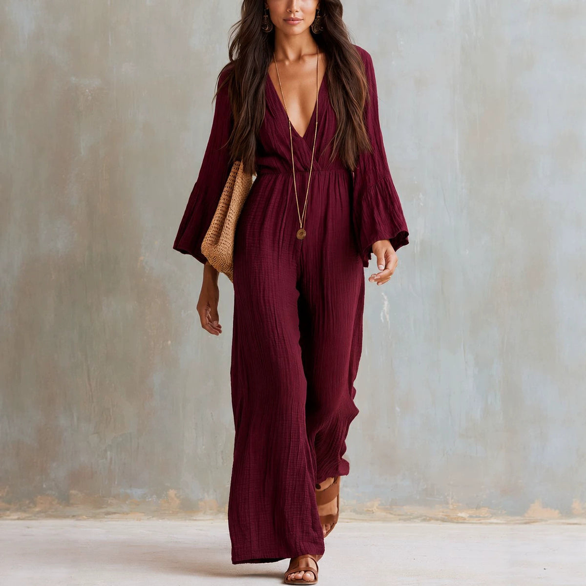 Boho V Neck Jumpsuit Wide Leg Bell Sleeve Elastic Waist