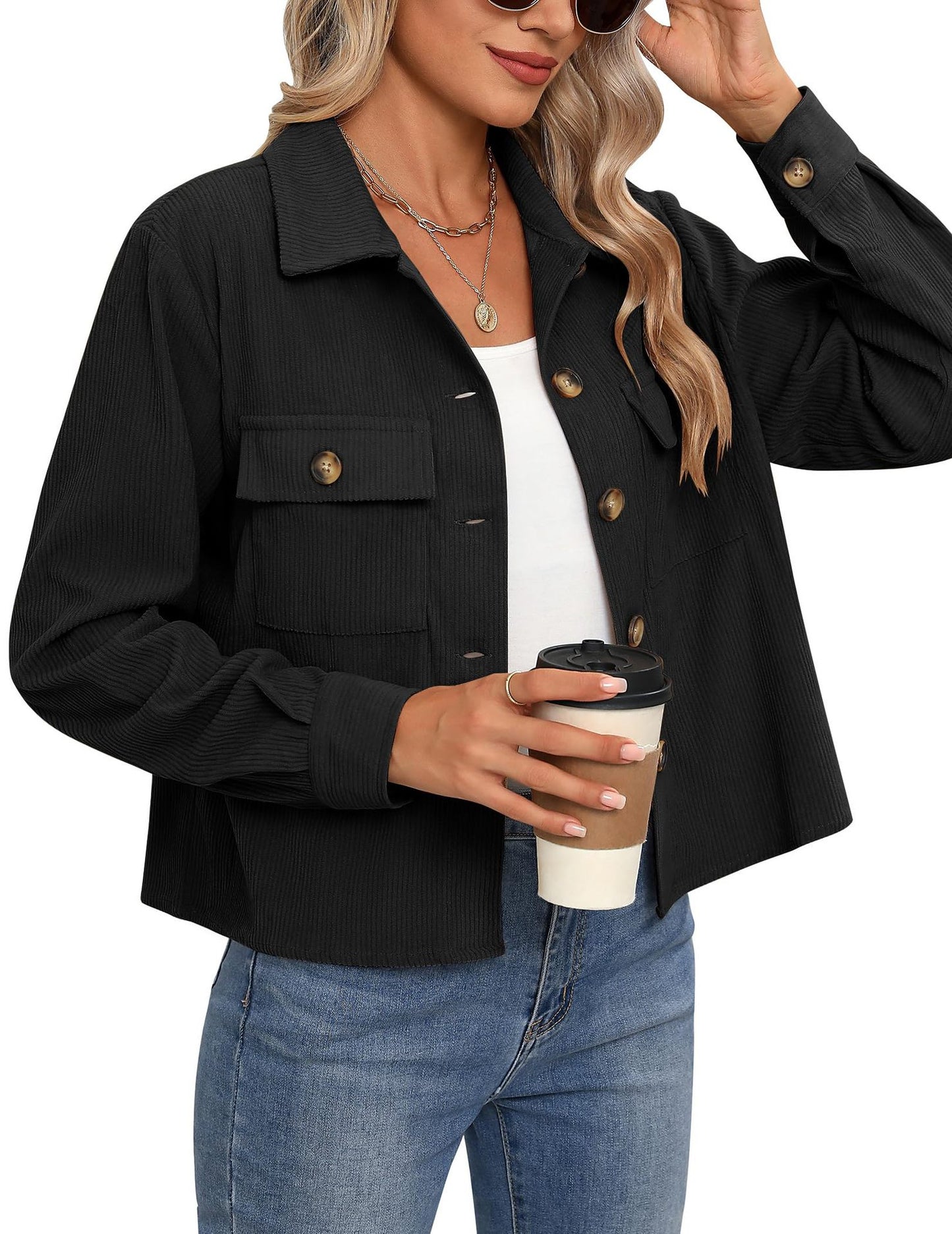 Women's Corduroy Cropped Shacket Button Down Jacket