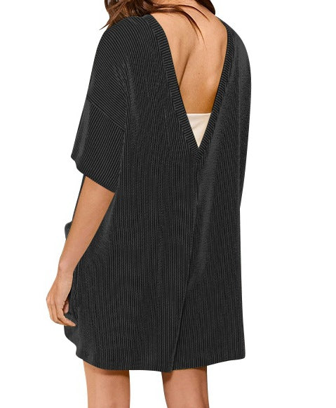 Loose Pocket Back V-Neck Short-Sleeve Jumpsuit