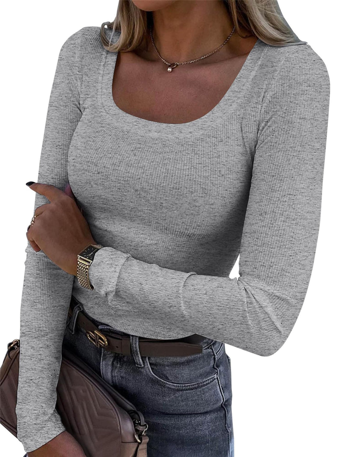 Women's Ribbed Scoop Neck Long Sleeve Fitted Top