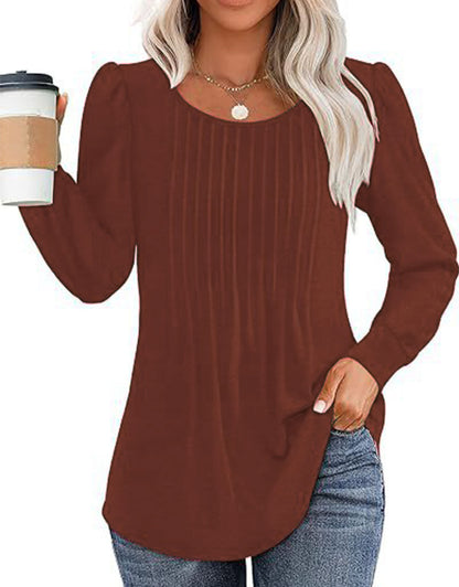 Solid Cotton Pintuck Blouse Long Sleeve Work Top