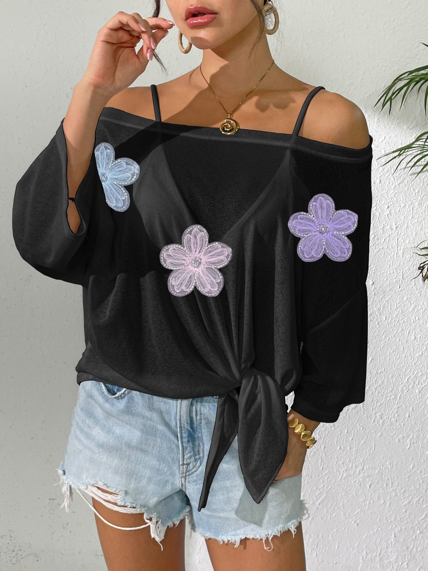 Women's Sheer Tie Front Beach Cover Up Lace Floral Top