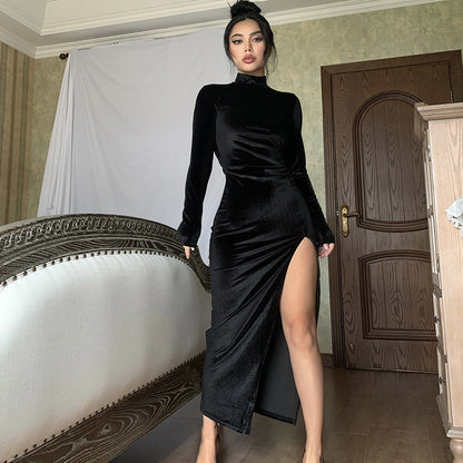 Velvet Mock Neck Long Sleeve Slit Bodycon Maxi Dress
