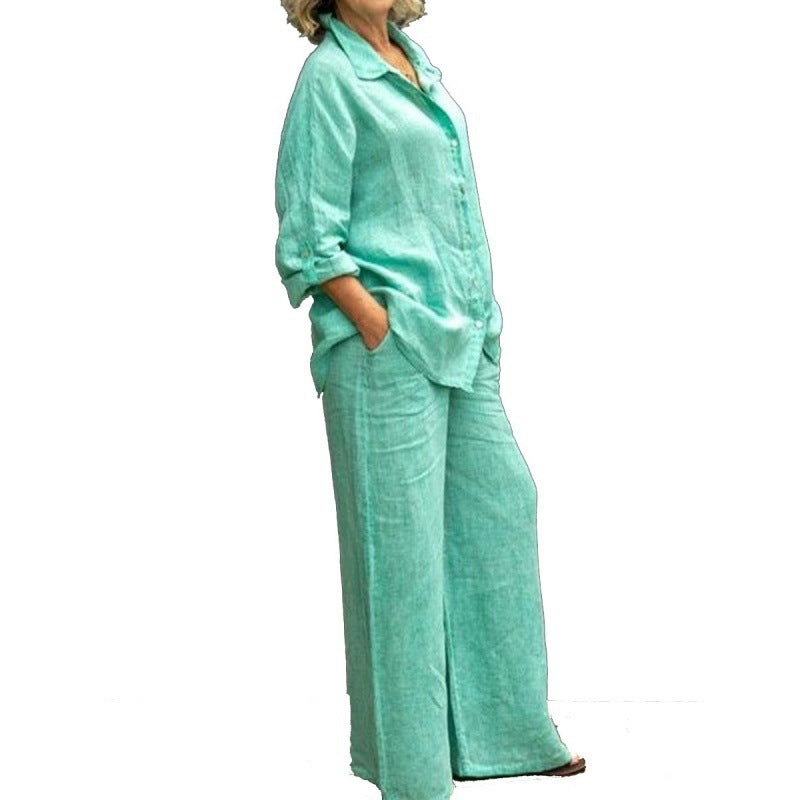 Women's Cotton Linen Shirt & Wide Leg Pants Matching Set