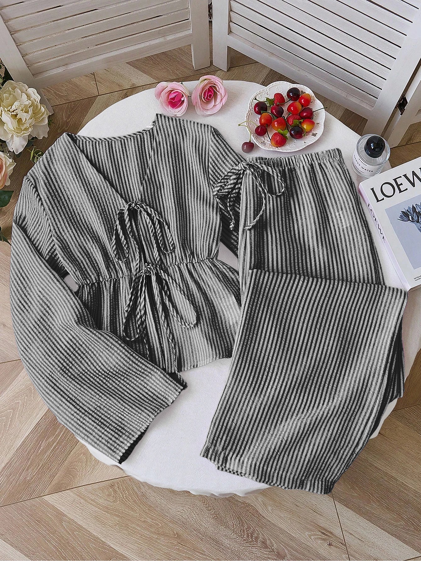 Striped Tie Front Top Wide Leg Pants Matching Set