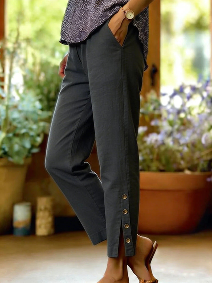 Women's Side Button Straight Leg Ankle Pants