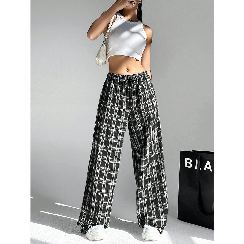 Plaid Wide Leg Pants Drawstring Casual Lounge Pants