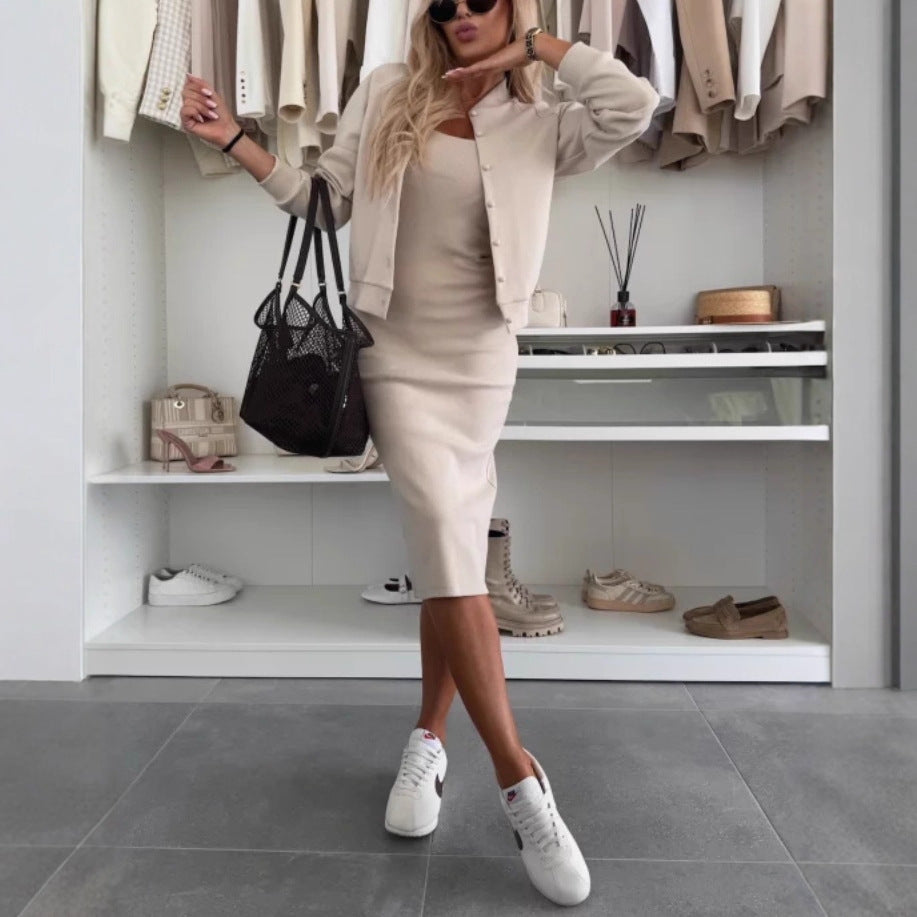 Women's Solid Two Piece Dress and Cardigan Matching Set