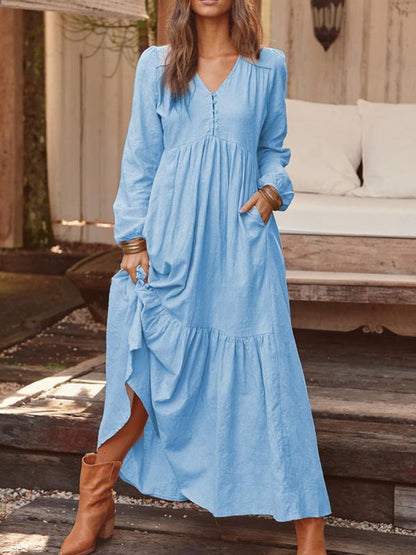 Women's Long Sleeve V-Neck Button Tiered Maxi Dress Pockets
