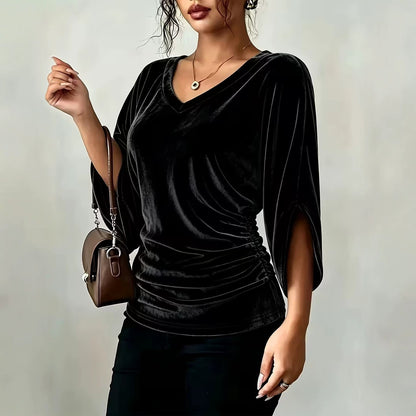 Women's Velvet V Neck Batwing 3/4 Sleeve Ruched Top
