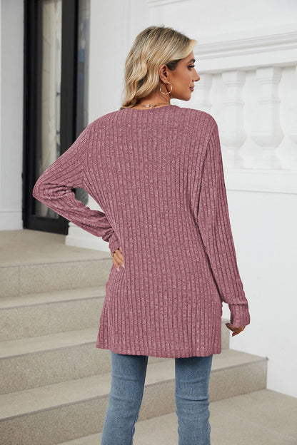 Simple Pocketed Long Sleeve Cardigan Knit Top