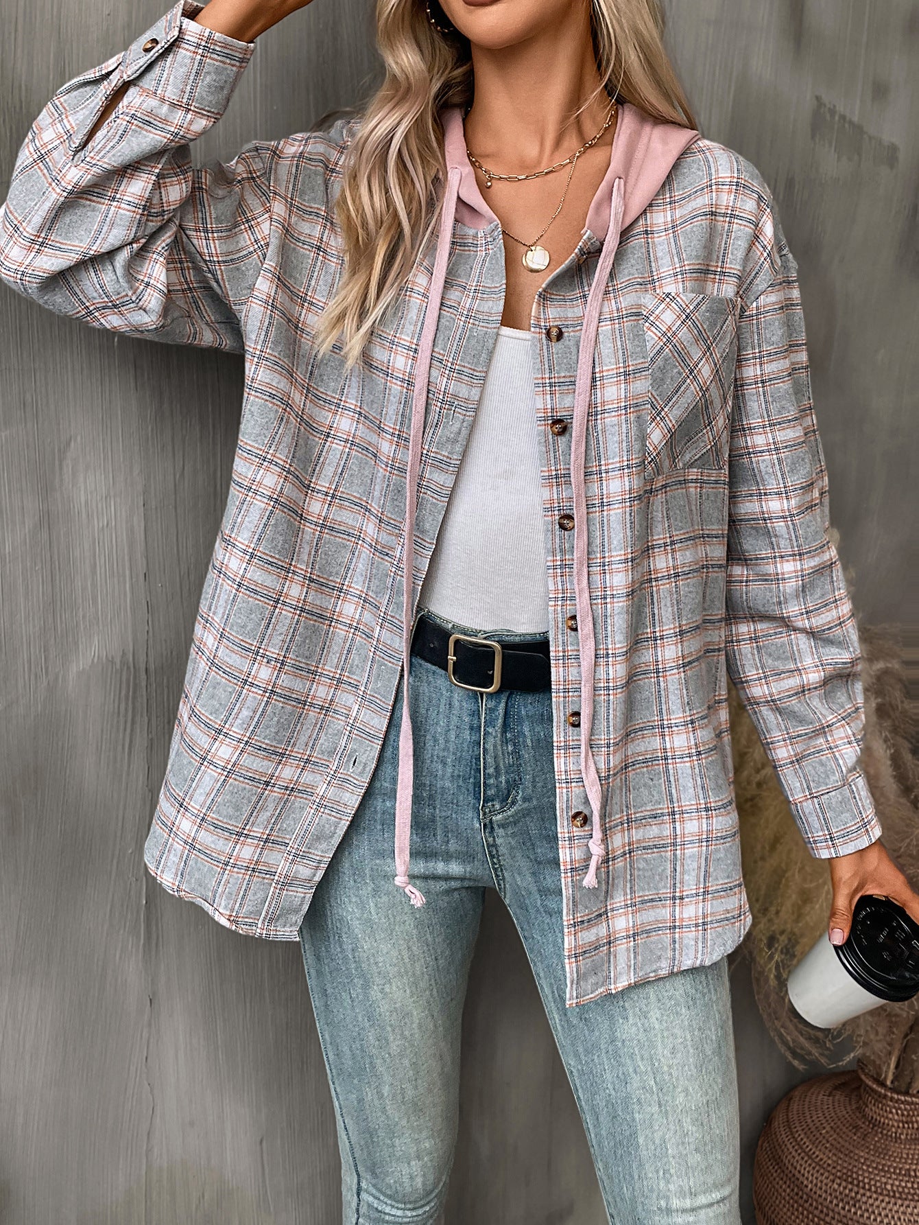 Plaid hooded button down shirt oversized fit