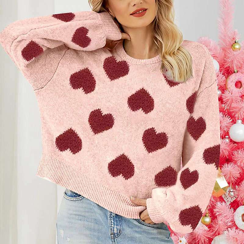 Valentine Heart Pattern Knit Pullover Sweater for Women