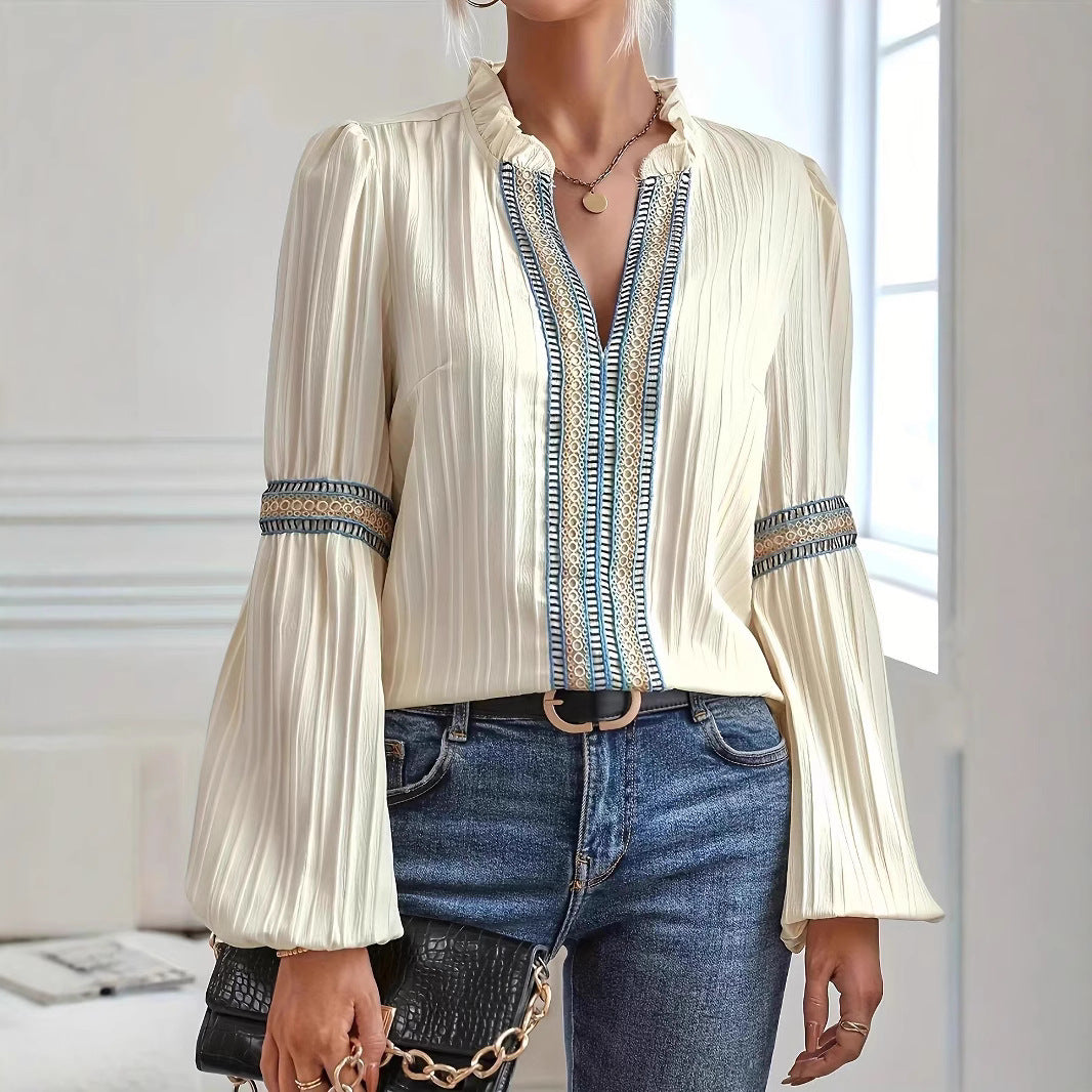 Lace Trim V Neck Blouse Lantern Sleeve Elegant Top