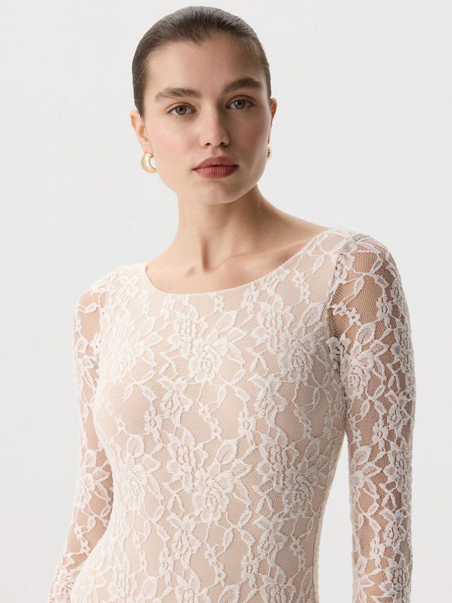 Sheer Lace Long Sleeve Top Fitted U Neck Blouse