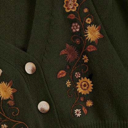 Vintage Floral Embroidered V-Neck Balloon Sleeve Cardigan