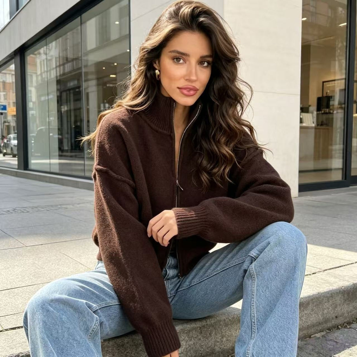 Women's Oversized Fuzzy Zip Up Cardigan Mock Neck