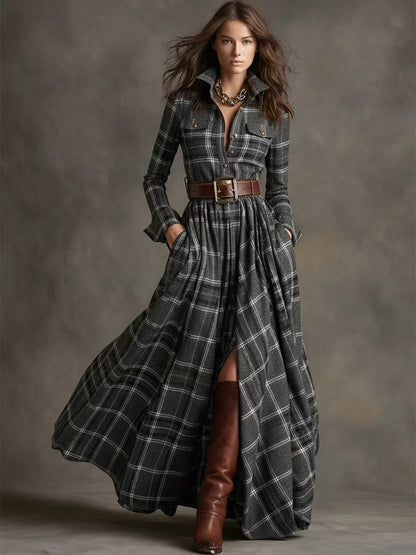 Plus Size Plaid Maxi Shirt Dress Belted Long Sleeve