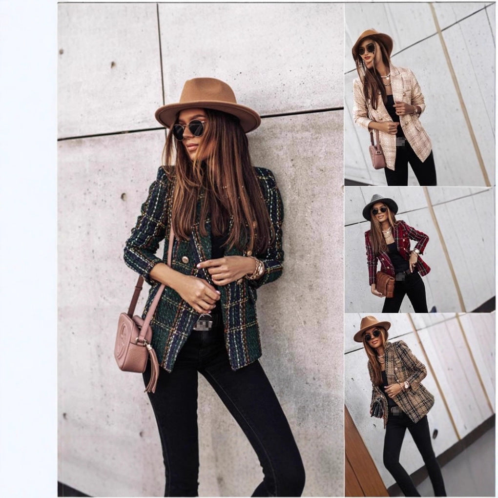 Women's Tweed Plaid Blazer Long Sleeve Jacket