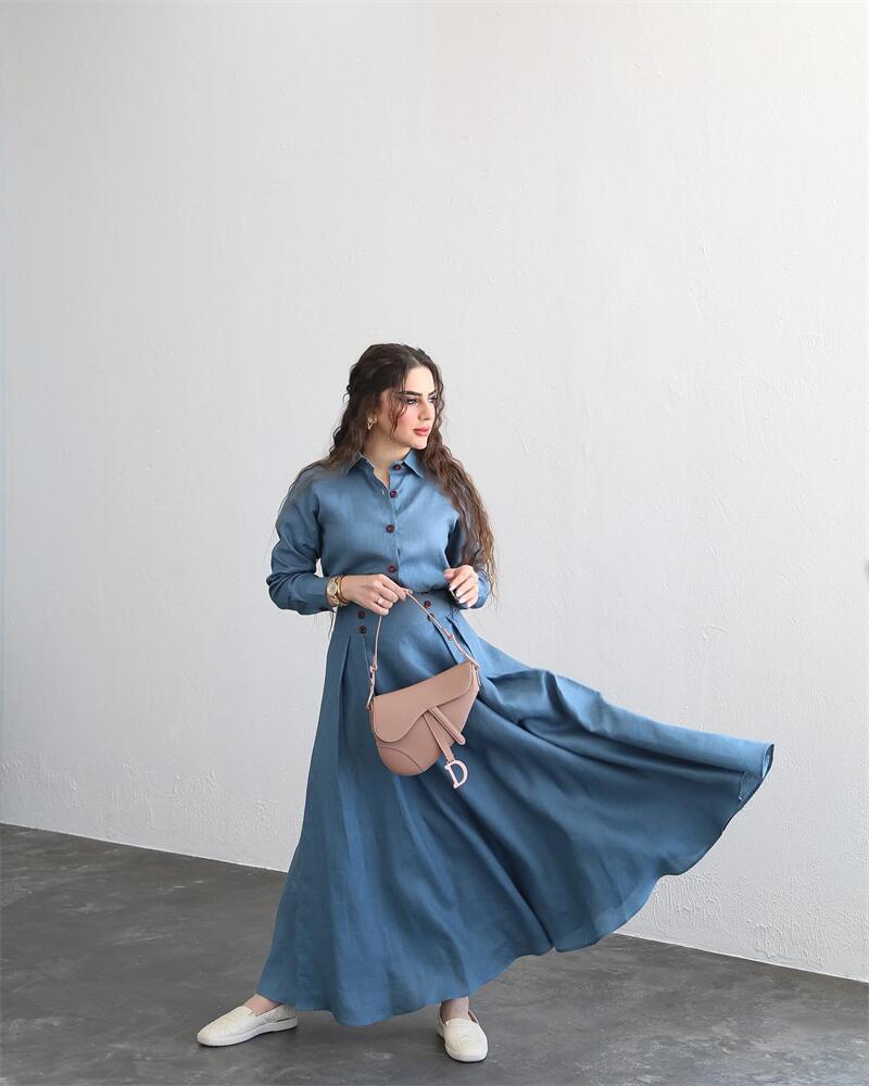 Elegant Women Long Sleeve Blouse Maxi Skirt Two Piece Set