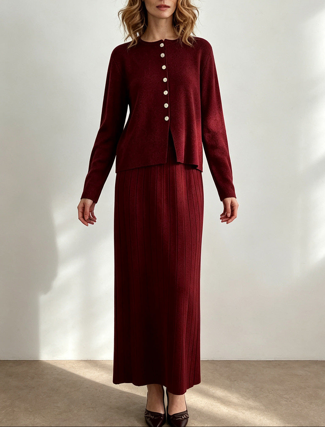 Women's Ribbed Knit Cardigan Maxi Skirt Matching Set