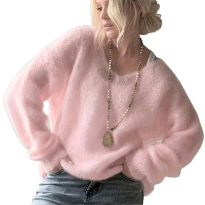 Pink Fuzzy Mohair Oversized Crew Neck Knit Sweater