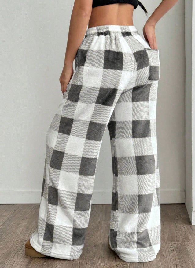 Plaid Wide Leg Capri Pants Elastic Waist Lounge
