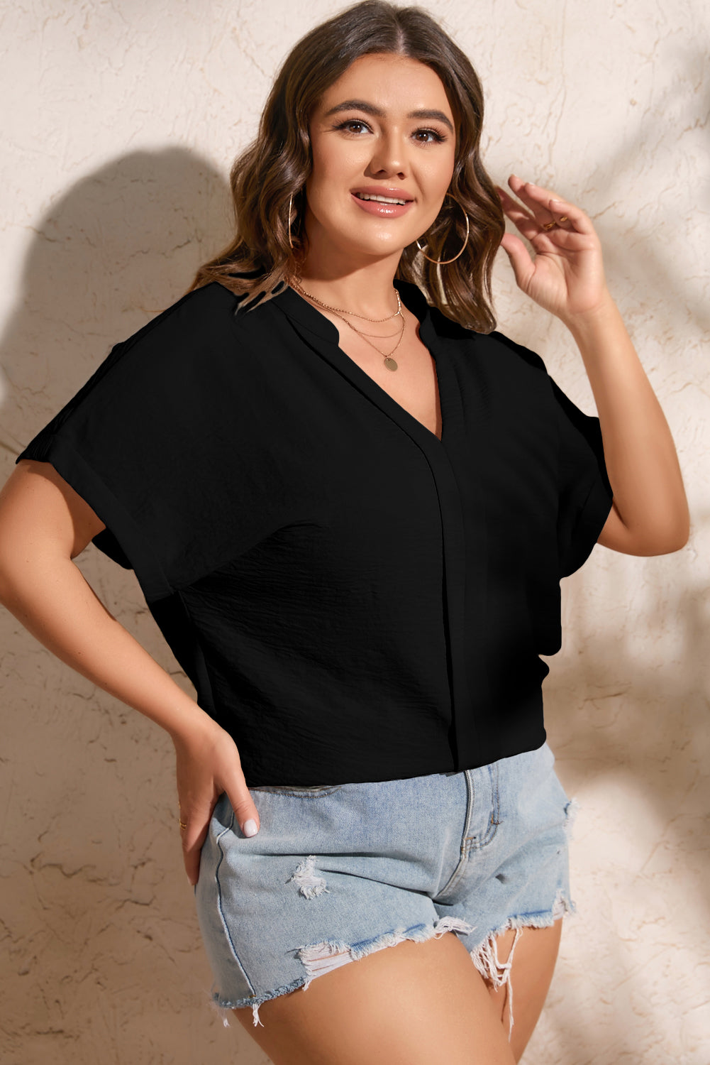 Casual Short Sleeve Notched Neck Fit Blouse Shirt Top