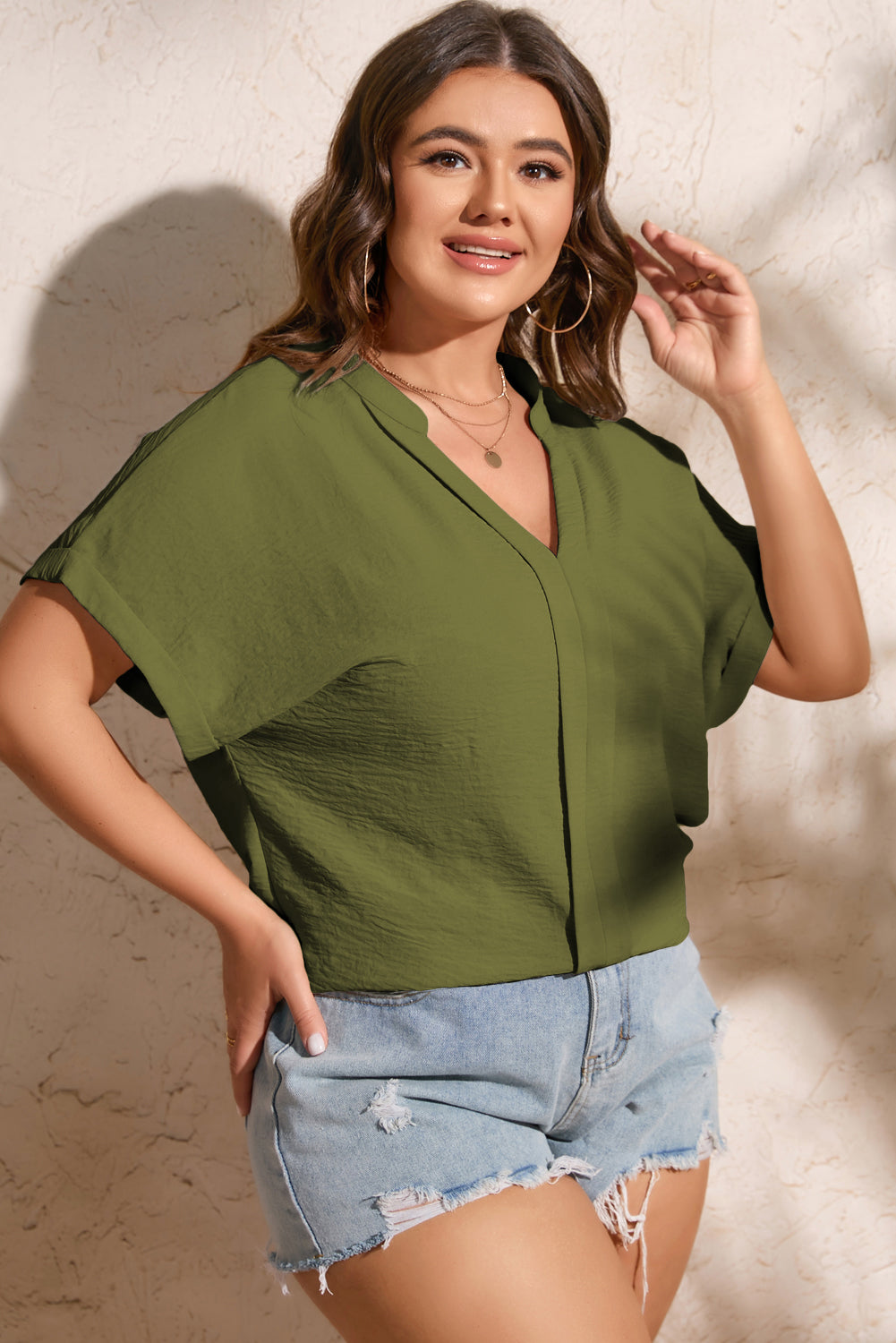 Casual Short Sleeve Notched Neck Fit Blouse Shirt Top